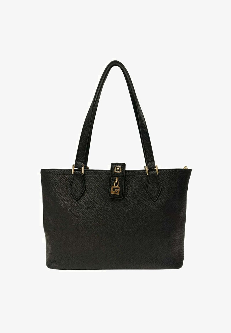 Borsa tote in pelle nera testurizzata con due manici a spalla e un dettaglio centrale in oro a forma di lucchetto su una patta frontale.