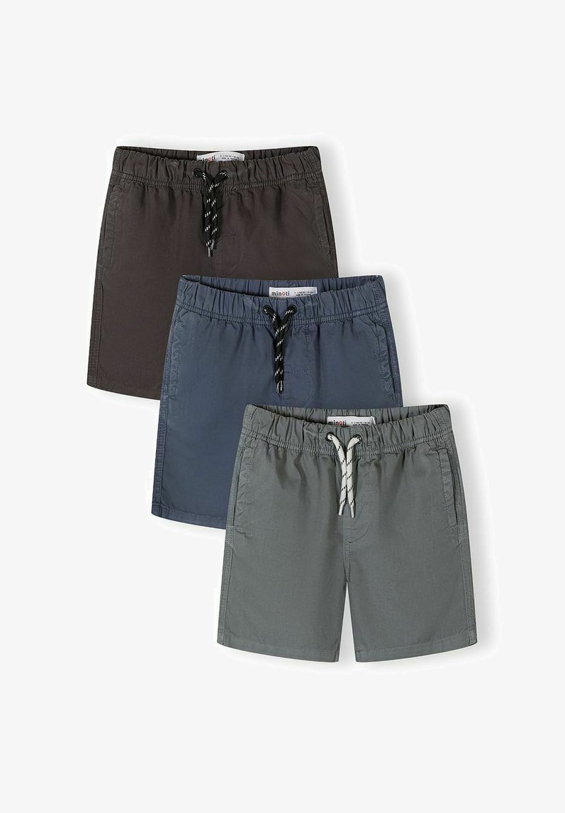 Trois paires de shorts décontractés en gris foncé, bleu et gris clair, chacune avec une taille élastique et un cordon de serrage.