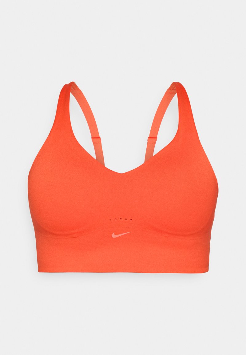Nike sportbeha in feloranje, met een gladde textuur, verstelbare bandjes en een klein wit logo op de voorkant in het midden.