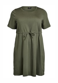 Robe olive en jersey à manches courtes, fabriquée dans un tissu doux, dotée d'une taille à cordon pour un ajustement ajustable et d'un col rond.