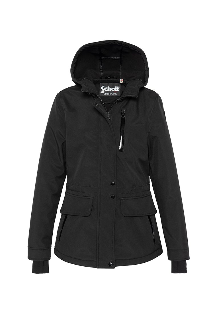 Veste noire imperméable avec capuche, fermeture éclair à l'avant et deux poches avant. Elle est dotée de poignets élastiques et d'un cordon de serrage à l'ourlet pour un ajustement parfait.