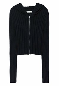 Svart ribbad croppad hoodie med dragkedja och långa ärmar. Har en huva och texturerat stickat material genom hela plagget.