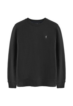 Sudadera negra hecha de tejido suave con cuello redondo. Presenta mangas largas, puños acanalados y un pequeño logo blanco en el pecho.