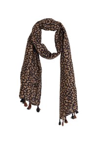 Bufanda de estampado de leopardo en negro y marrón, hecha de un tejido ligero, con borlas en ambos extremos para un detalle adicional.