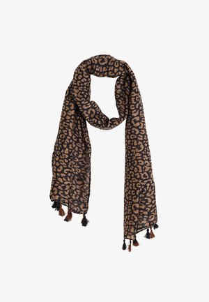 Écharpe en imprimé léopard noir et marron, fabriquée en tissu léger, avec des franges aux deux extrémités pour un détail supplémentaire.