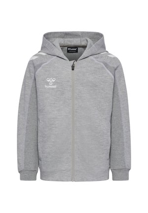 Jasnoszara bluza z kapturem i pełnym zamkiem, z przednimi kieszeniami, długimi rękawami, logo Hummer na klatce piersiowej oraz białymi akcentami w formie szewronów na panelach na ramionach.