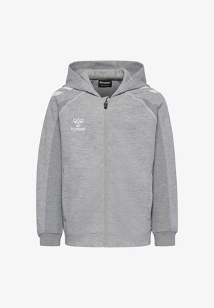 Lysegrå hættejakke med fuld lynlås, forlommer, lange ærmer, Hummer-logo på brystet og hvide chevron-accents på skulderpaneler.