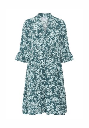 Tegen katoenen jurk tot de knie in teal met witte bloemenprint, V-hals, 3/4 mouwen met ruches aan de mouwen en een gelaagde rok.