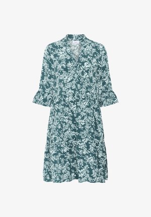 Tegen katoenen jurk tot de knie in teal met witte bloemenprint, V-hals, 3/4 mouwen met ruches aan de mouwen en een gelaagde rok.