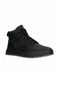 Scarpe nere alte in cima realizzate in camoscio e materiale sintetico. Presentano lacci tondi e una suola in gomma testurizzata con collo imbottito.