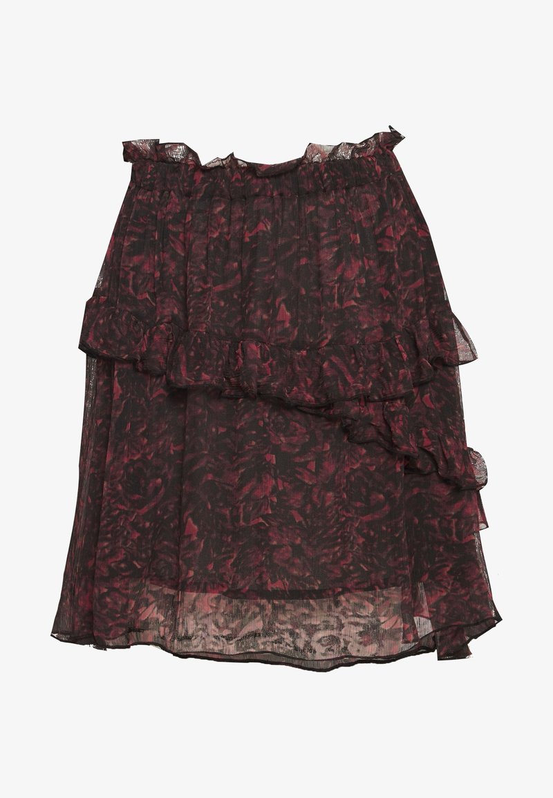 Jupe transparente fleurie rouge foncé et noire avec des volants en couches et une taille élastique.