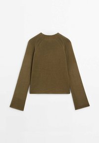 Pull en maille vert olive à manches longues avec encolure ronde et manches larges, vu de dos sur fond blanc.