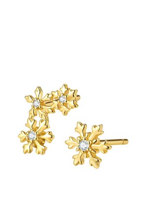 Gold-tone flower-shaped earrings feature leaf patterns and central clear rhinestones, showcasing a textured finish and smooth posts.