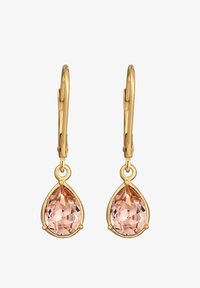 Pendientes de gota en tono dorado con cristales en forma de pera de color rosa claro, con superficies facetadas y cierres de palanca para un uso seguro.