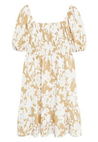 Robe smock avec manches courtes bouffantes, encolure carrée, imprimé floral blanc et beige, ourlet à volants et corsage texturé.