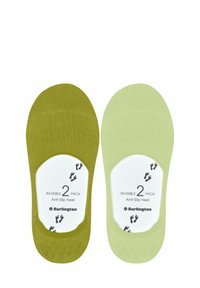 Twee paar kortere sokken in olijfgroen en lichtgroen, met een antislip hielontwerp, en een comfortabele, zachte textuur.