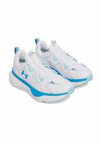 White athletic shoes with light blue accents and mesh panels, featuring a thick sole, laces, and a back pull tab for easy wear.