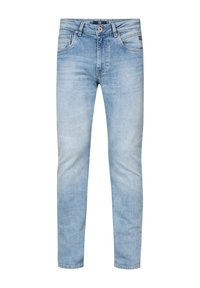 Lichtblauwe denim jeans met een slim fit, vijf zakken en tonale stiksels. Voorzien van een knoopsluiting en een vervaagde textuur.
