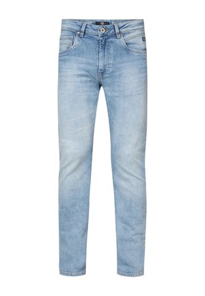 Jeans in denim azzurro chiaro con vestibilità slim, design a cinque tasche e cuciture tono su tono. Presentano una patta con bottone e una texture sbiadita.