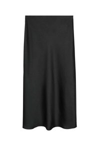 Jupe droite midi noire en tissu lisse avec un léger éclat, présentée sur un fond blanc uni.