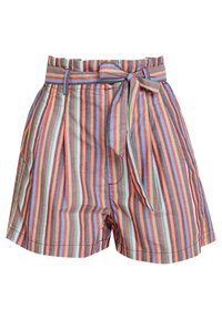 Shorts rayés à taille haute avec une ceinture nouée. Couleurs : rose, bleu, vert et orange. Confectionnés en tissu léger.