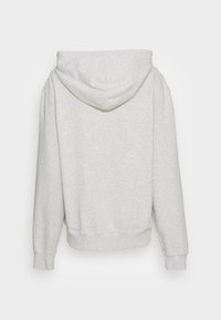 Sudadera gris de tela suave con un bolsillo tipo canguro, capucha ajustable con cordón y puños acanalados. La vista trasera muestra un diseño simple.