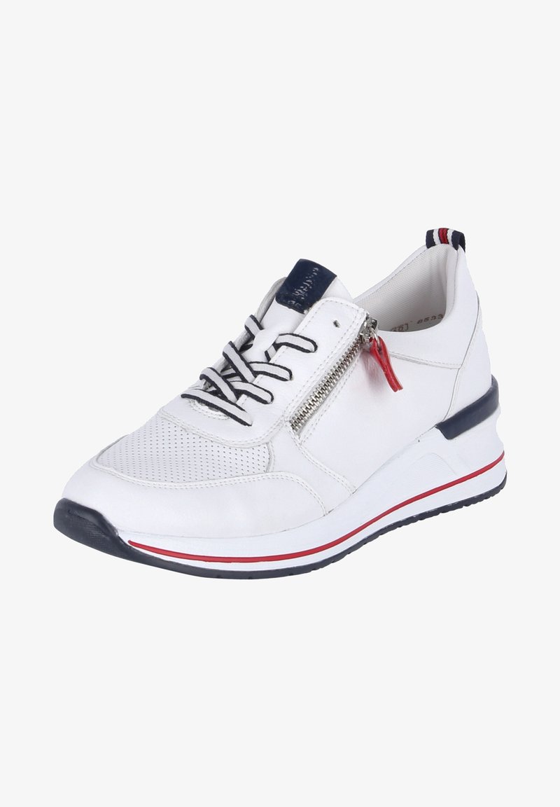 Baskets blanches avec lacets noirs et blancs, fermeture éclair latérale avec tirette rouge, accents de semelle bleu marine et rouge, et col rembourré.