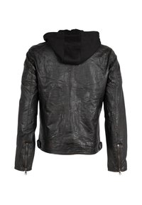 Schwarze Lederjacke mit schwarzer Kapuze, ausgestattet mit einer strukturierten Oberfläche, Reißverschlussärmeln und kontrastierenden Nähten.