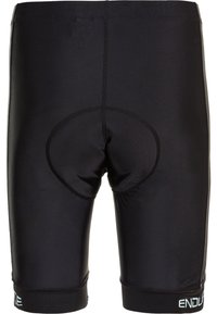 Pantalones cortos de ciclismo negros, elaborados con material elástico y con un inserto acolchado, que cuentan con un diseño ajustado y puños elásticos en la parte inferior.