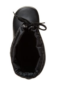 Botte noire imperméable avec un extérieur solide, un bout rond et une fermeture par cordon de serrage, doublée de textile et d'une texture douce.