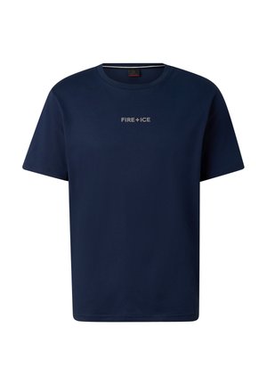 Marineblaues Kurzarm-T-Shirt mit Rundhalsausschnitt und kleinem "FIRE + ICE" Schriftzug in heller Farbe auf der Brust.