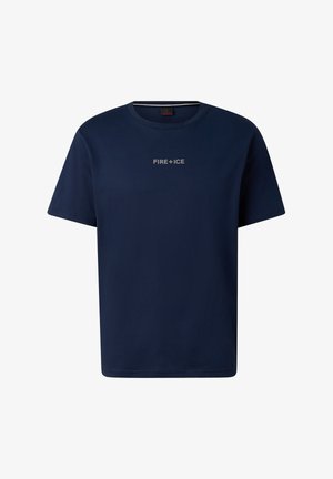 Marineblå T-shirt med korte ærmer og rund hals samt lille "FIRE + ICE" tekst trykt i lys farve på brystet.