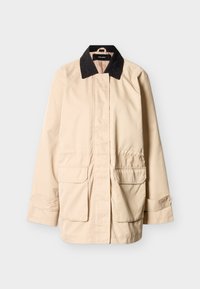 Μπεζ μπουφάν με μαύρο γιακά από κορντόρεϊ, εμπρόσθιες τσέπες με καπάκι, μακριά μανίκια με ιμάντες ρύθμισης και κρυφό κούμπωμα με κουμπιά.