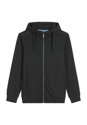 Czarna bluza z kapturem zapinana na zamek, z przednimi kieszeniami, regulowanym sznurkiem w kapturze oraz ściągaczami na mankietach i dole, ułożona płasko na białym tle.