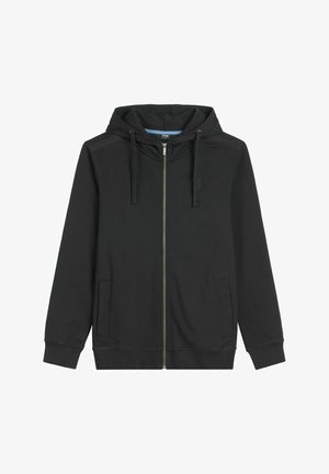 Czarna bluza z kapturem zapinana na zamek, z przednimi kieszeniami, regulowanym sznurkiem w kapturze oraz ściągaczami na mankietach i dole, ułożona płasko na białym tle.