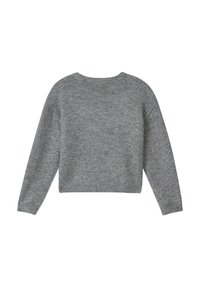 Grijs gebreid trui met een ronde halslijn, lange mouwen en een cropped pasvorm. De materiaaltextuur bevat gespikkelde accenten doorheen.