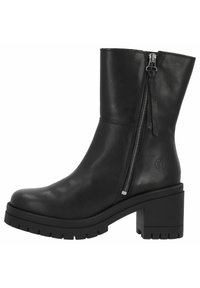 Black leather ankle boot with a side zipper, chunky heel, textured sole, and embossed logo detail. Smooth finish and sleek design.