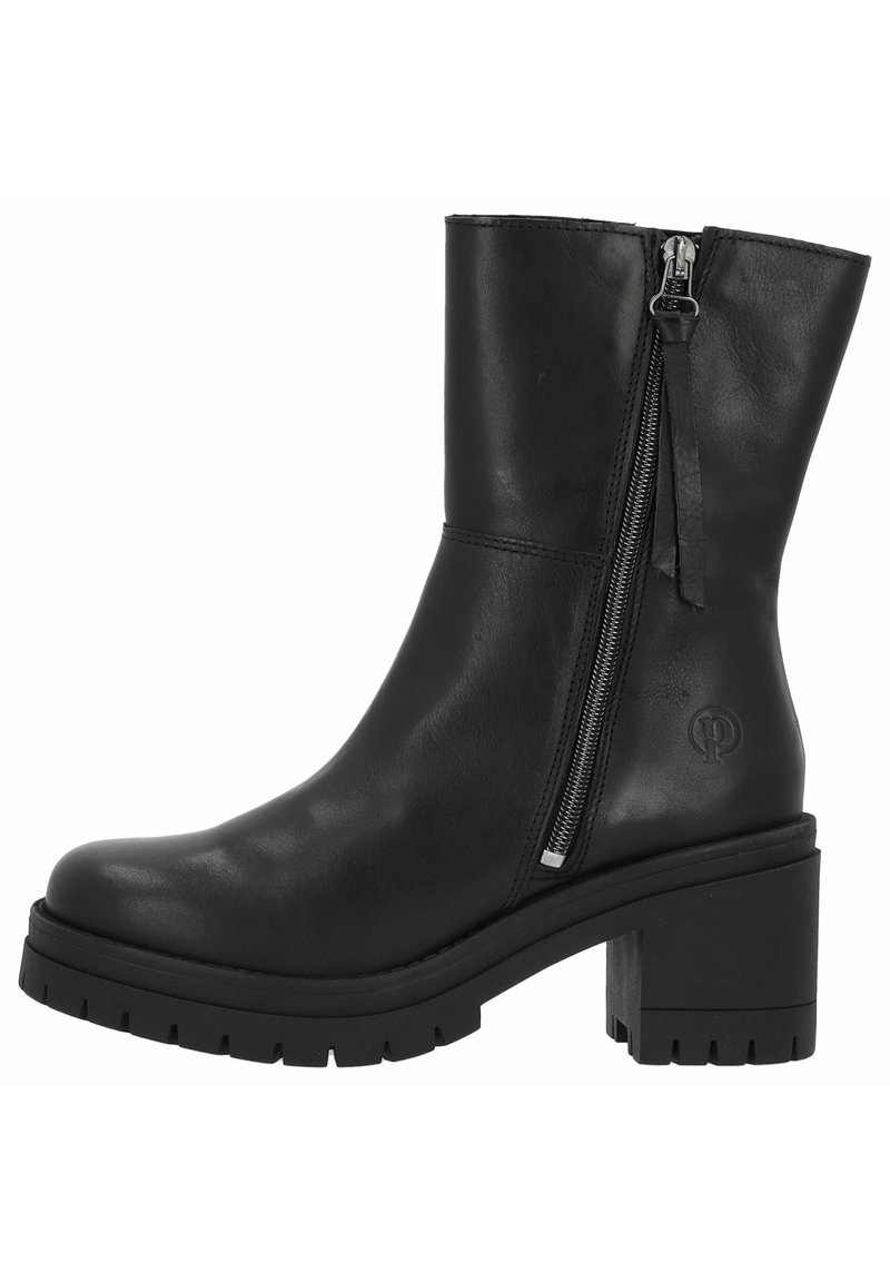 Black leather ankle boot with a side zipper, chunky heel, textured sole, and embossed logo detail. Smooth finish and sleek design.