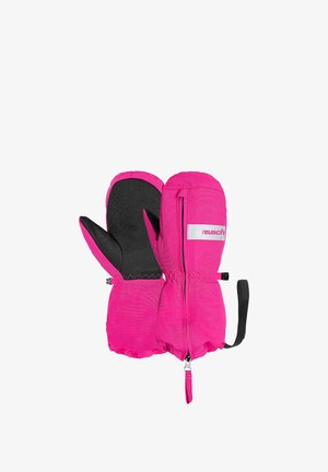 Rosa Handschuhe mit strukturiertem Äußeren, schwarzem Griff auf der Handfläche, elastischem Handgelenkverschluss und Reißverschluss-Design für einfaches An- und Ausziehen.