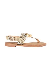 Sandalo piatto con cinturino intrecciato a motivo chevron multicolore. Suola in ecopelle marrone e fibbia regolabile per una vestibilità sicura.