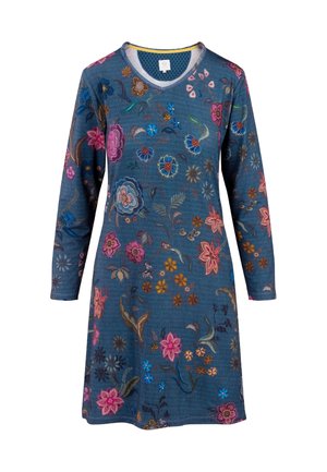 Blauwe bloemenjurk met lange mouwen, voorzien van fijn borduurwerk van bloemen en bladeren in verschillende kleuren. Met v-halslijn en textuurstof.