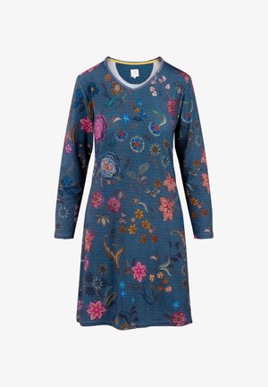 Blue floral dress with long sleeves, featuring intricate embroidery of flowers and leaves in various colors. V-neckline and textured fabric.