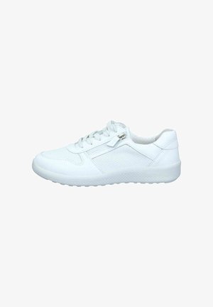 White low-top sneaker with laces and a side zipper, textured sole, and breathable mesh panel on the side.
