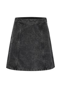 Fustă A-line din denim negru cu un finisaj texturat, având talie înaltă, cusături vizibile și tiv curat. Fără alte embellishments.