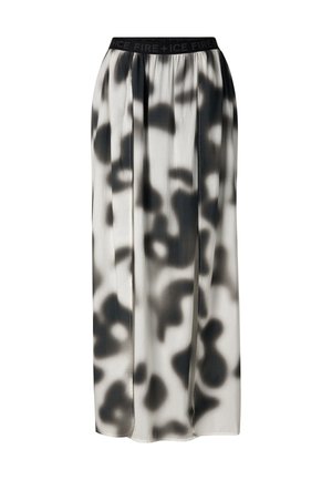 Jupe longue imprimée abstraite en noir et blanc avec taille élastique portant l'étiquette « FIRE + ICE ».