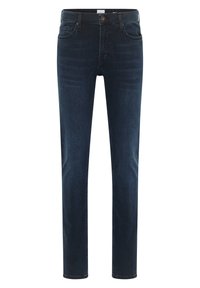 Tamsiai mėlyni džinsai, pagaminti iš denimo, su tiesaus kirpimo kojomis, penkiomis kišenėmis ir priekiniais užsegimais su klasikiniu siuvinėjimo raštu.