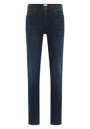 Jeans blu scuro in denim, con taglio dritto, cinque tasche e chiusura anteriore con bottone, caratterizzati da un classico motivo di cucitura.