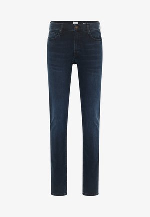 Jeans blu scuro in denim, con taglio dritto, cinque tasche e chiusura anteriore con bottone, caratterizzati da un classico motivo di cucitura.