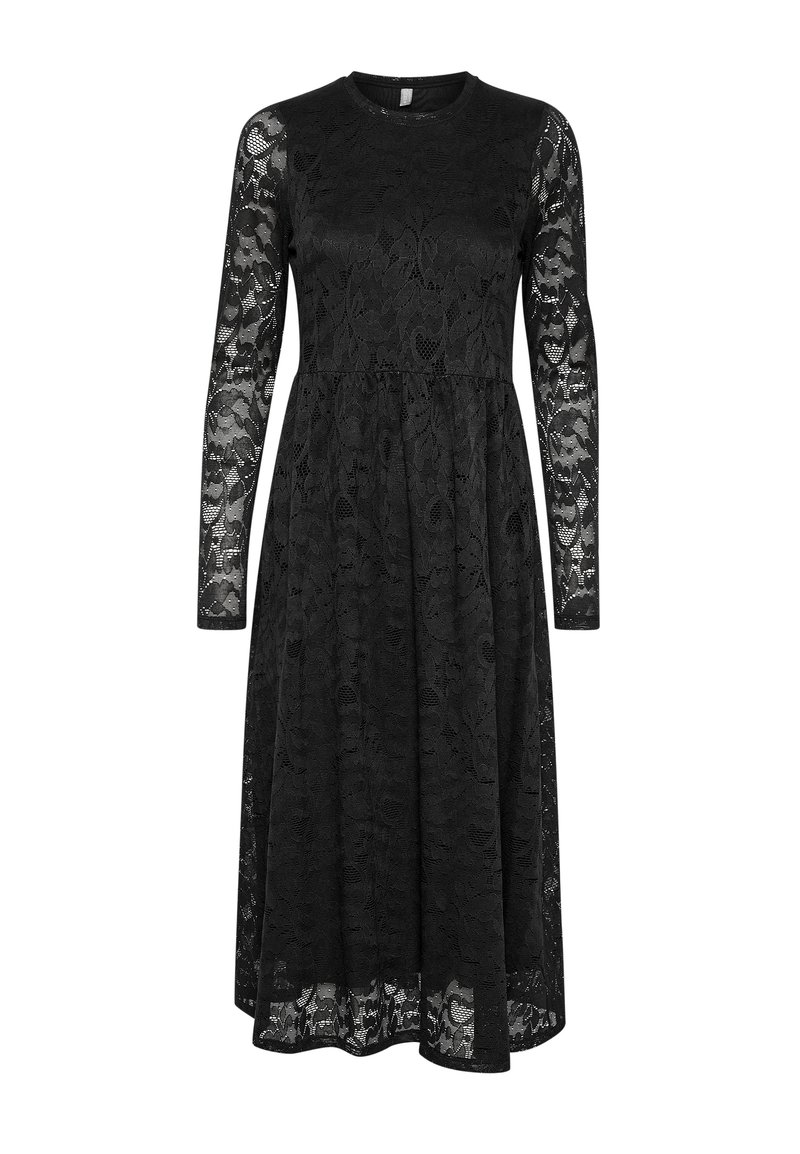 Svart spetsklänning med långa ärmar, rund halsringning och A-linjeformad silhuett. Har en intrikat spetsmönster och knälång fåll.