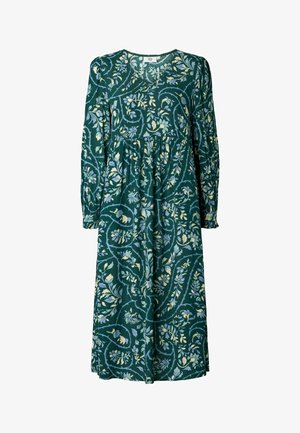 Kukallinen mekko tummanvihreästä kankaasta, jossa on pitkät puffihihat, pyöreä pääntie ja gathered-vyötärö, jossa on sinisiä ja kermanvärisiä kasviprinttejä.